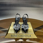 RC 25C Flower-Studded Diamond High-Heeled Sandals Black Sheepskin 174909