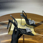 RC 25C Flower-Studded Diamond High-Heeled Sandals Black Sheepskin 174909