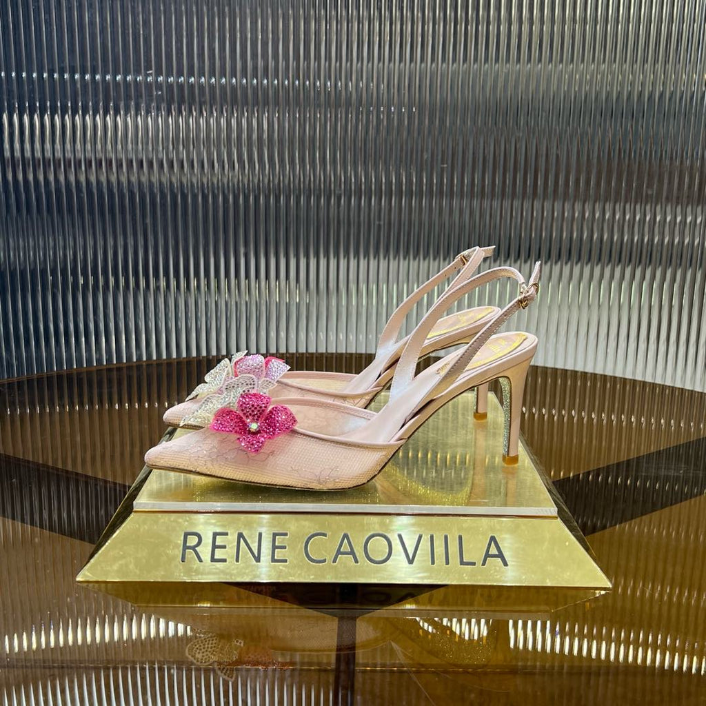 RC 25C Flower-Studded Diamond High-Heeled Sandals Pink Sheepskin 174913