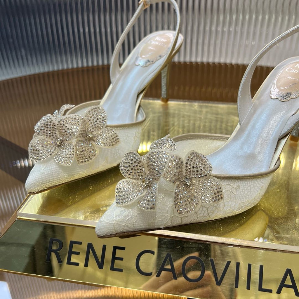 RC 25C Flower-Studded Diamond High-Heeled Sandals Beige Sheepskin 174917