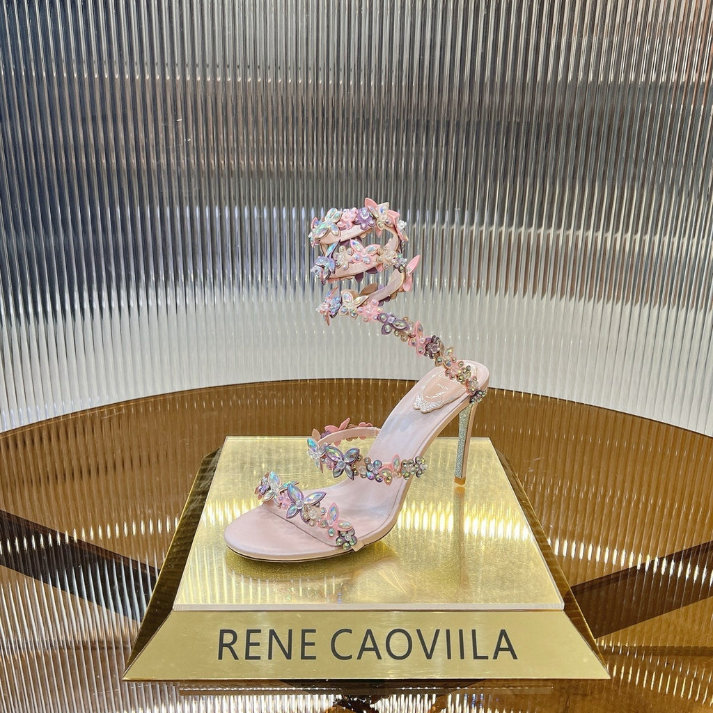 RC 25C Butterfly Flower High Heels Sandals Pink Sheepskin Rhinestone 281974