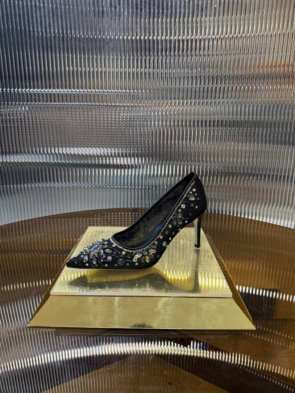RC 25C Crystal Pearl Gem Lace High Heels Black Sheepskin 275754