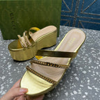 HIGH WEDGE PLATFORM IN GOLD CALFSKIN WITH GOLD HARDWARE