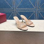 GG Women's Crystal Slide 8.5cm Sandal Beige Mesh Leather 741295