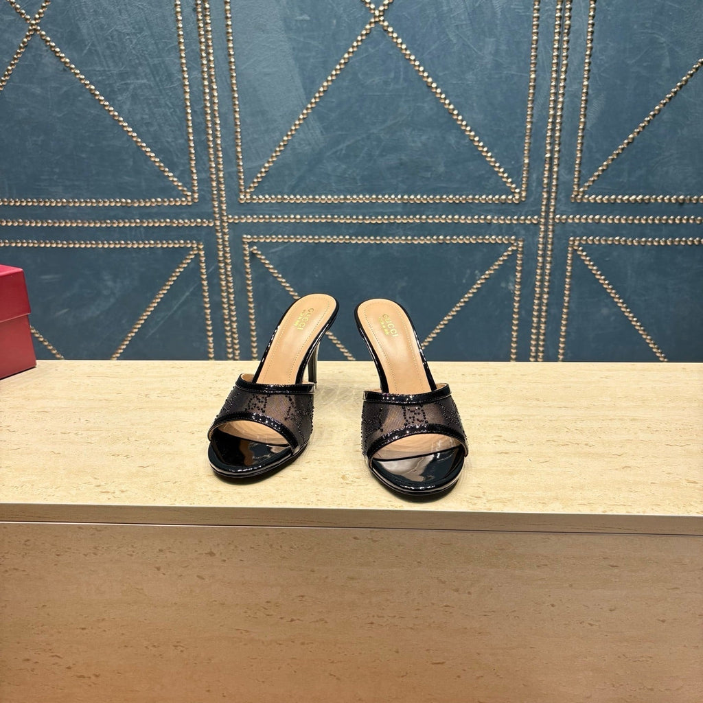 GG Women's Crystal Slide 8.5cm Sandal Black Mesh Leather 741296