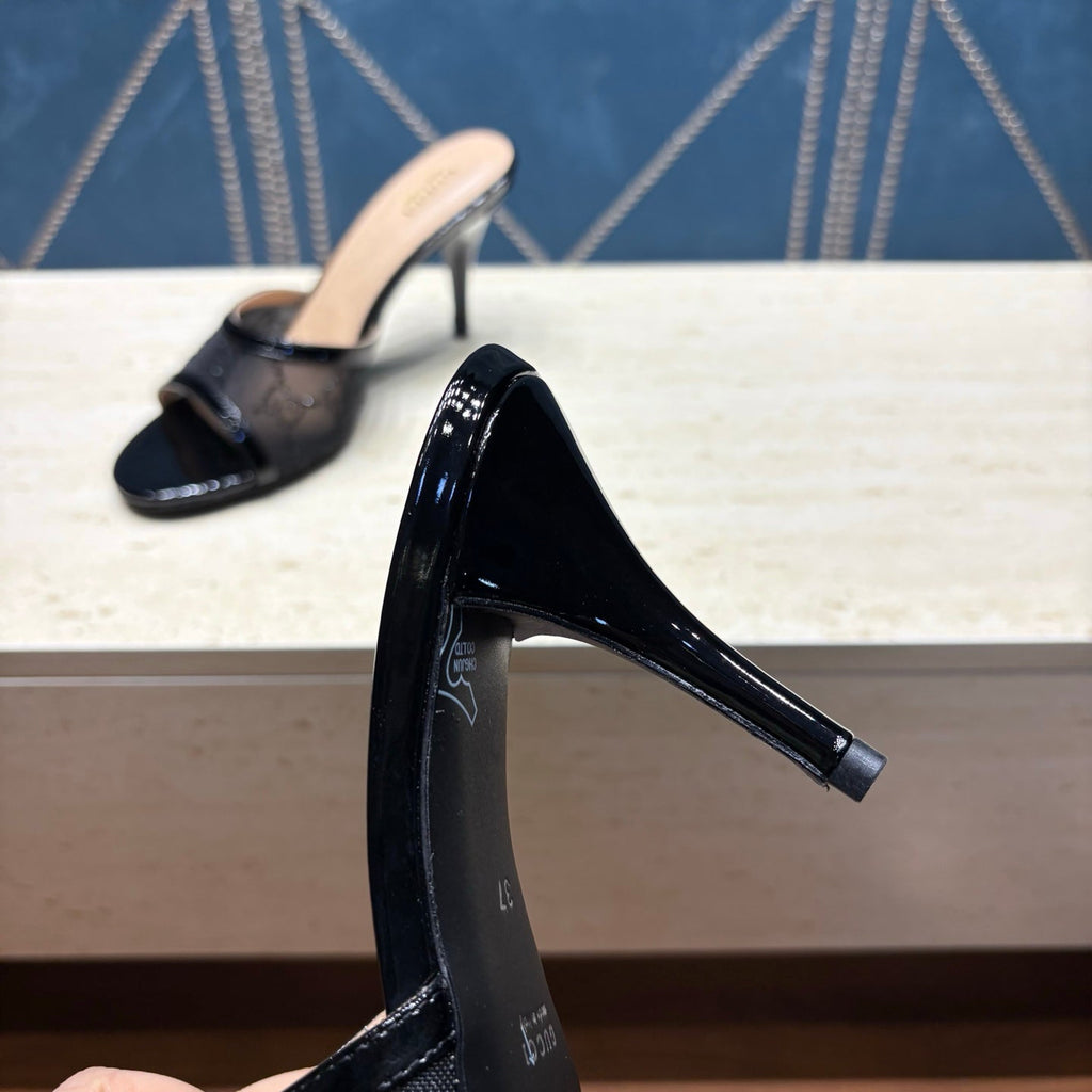 GG Women's Crystal Slide 8.5cm Sandal Black Mesh Leather 741296
