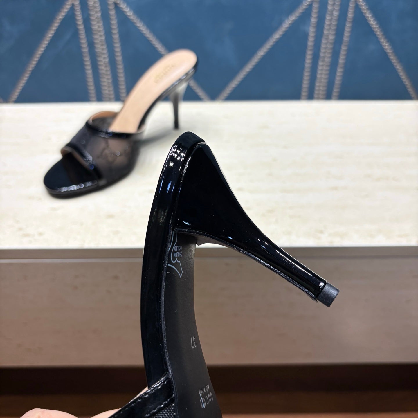 GG Women's Crystal Slide 8.5cm Sandal Black Mesh Leather 741296