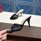 GG Women's Crystal Slide 8.5cm Sandal Black Mesh Leather 741296