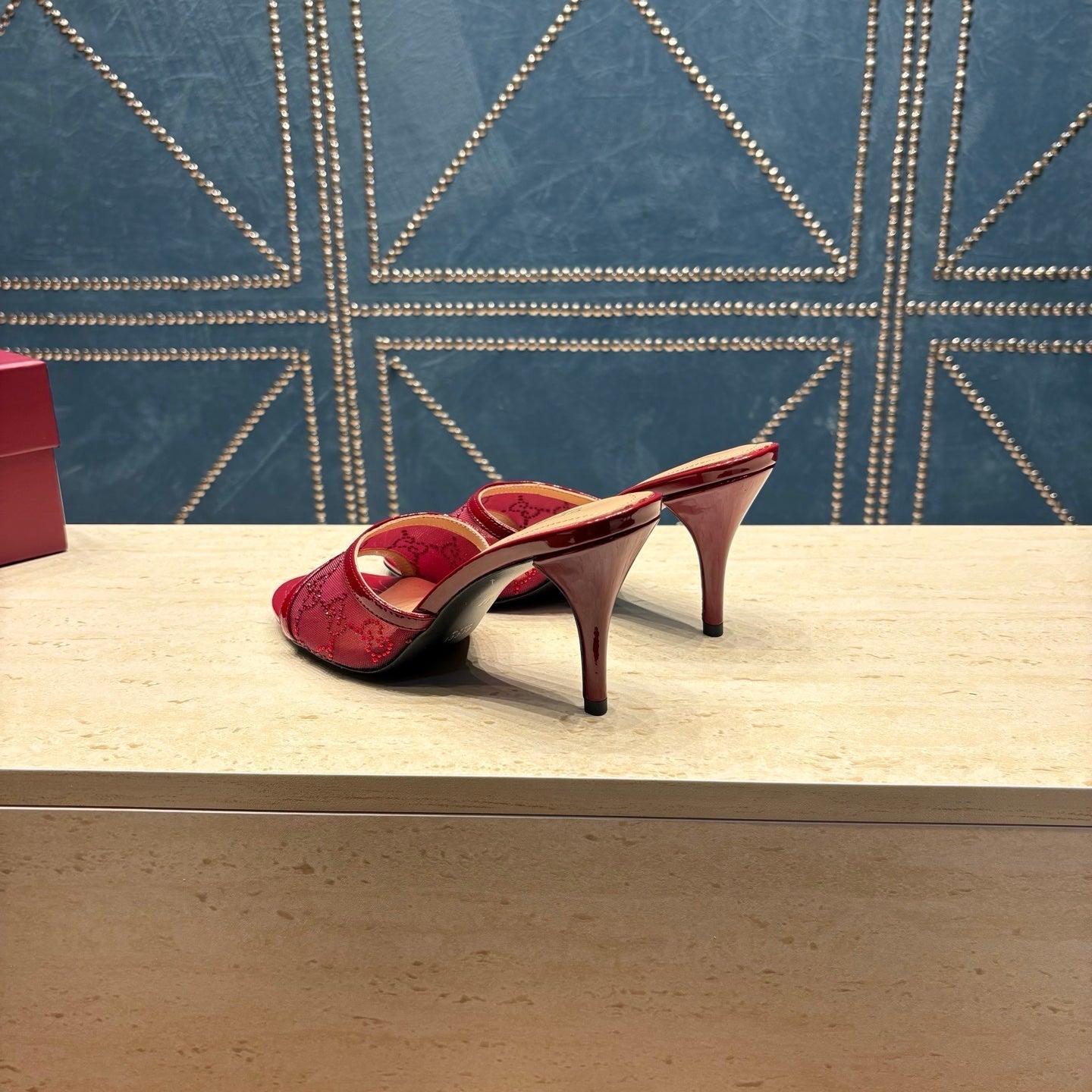 GG Women's Crystal Slide 8.5cm Sandal Burgundy Mesh Leather 741297
