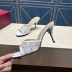 GG Women's Crystal Slide 8.5cm Sandal White Mesh Leather 741298