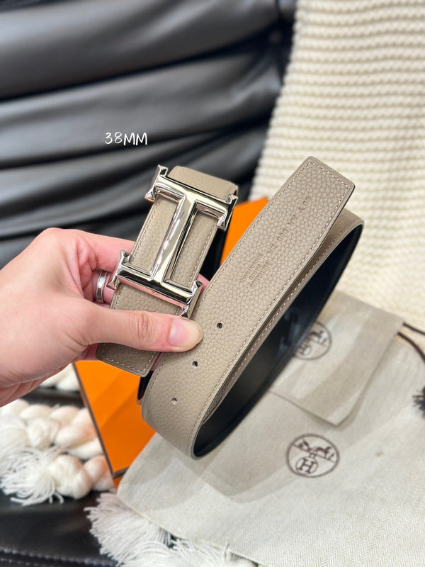 HM 5382 BELT SILVER BUCKLE & REVERSIBLE CAMEL BROWN LEATHER STRAP 38MM
