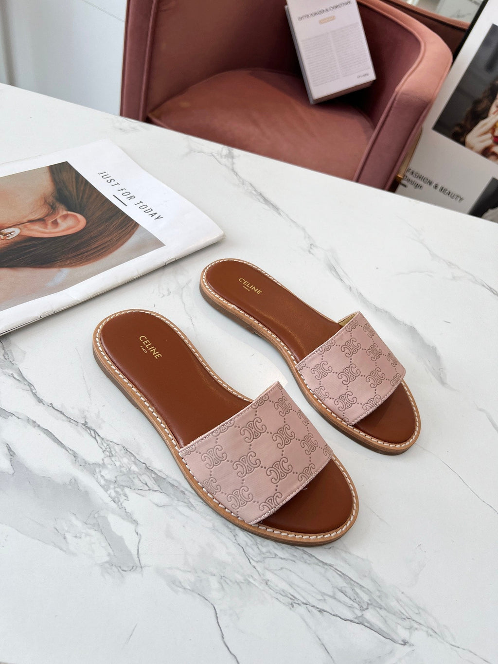 Celine 25C Slippers Pink Pastel Monagram Silk with Calfskin 238146