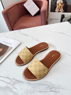 Celine 25C Slippers Egg Nog Monagram Silk with Calfskin 238148