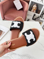 Celine 25C Slippers Black mix White Fabric with Calfskin 238151