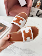 Celine 25C Slippers White mix Brown Fabric with Calfskin 238153