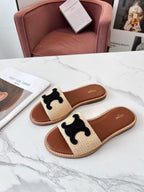 Celine 25C Slippers Beige mix Black Fabric with Calfskin 238156