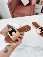 Celine 25C Slippers Beige mix Black Fabric with Calfskin 238156