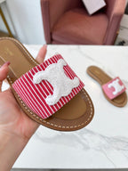 Celine 25C Slippers Red mix White Fabric with Calfskin 238167