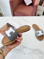 Celine 25C Slippers Black mix White Fabric with Calfskin 238169