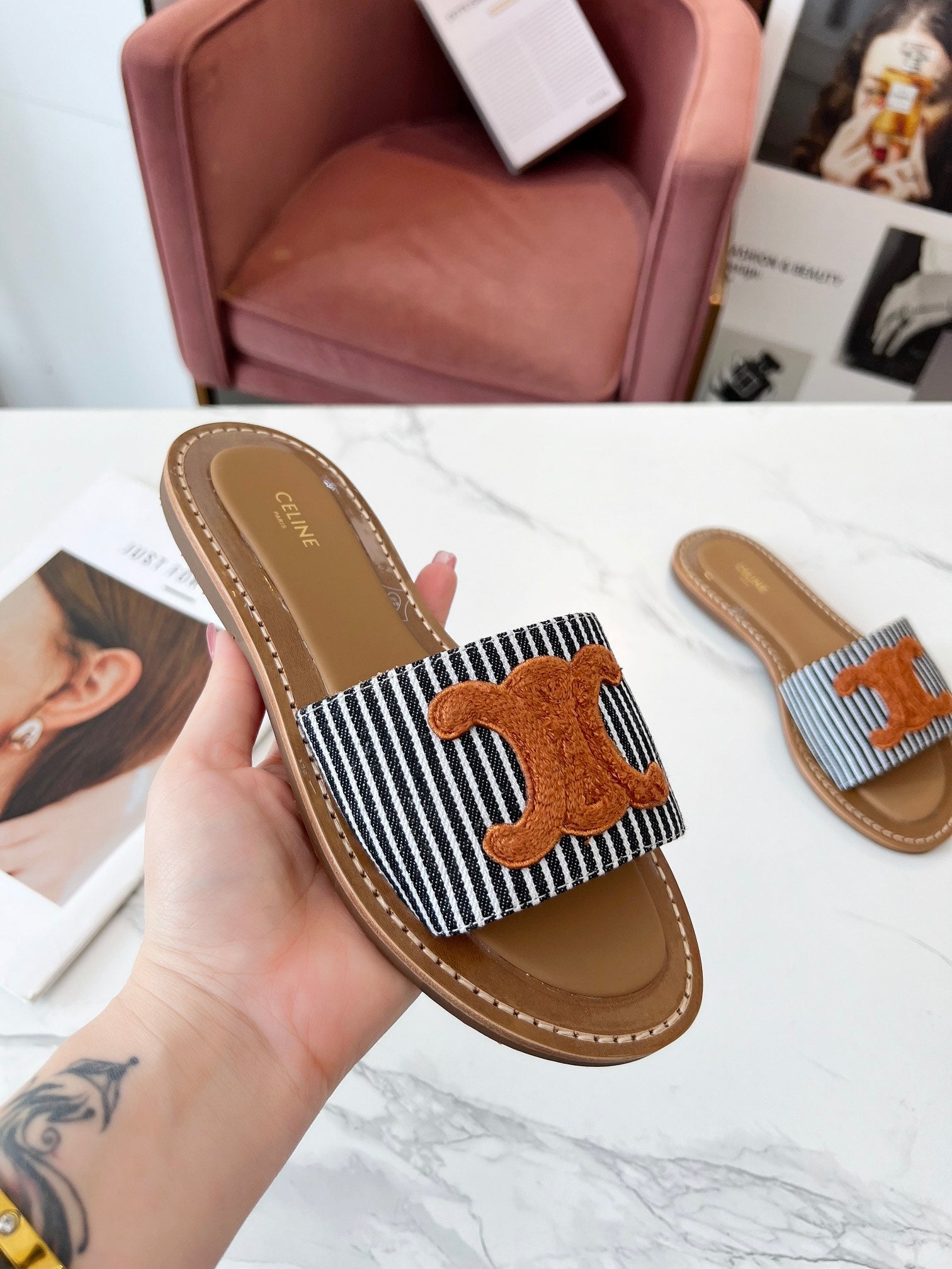 Celine 25C Slippers Black mix Orange Fabric with Calfskin 238170