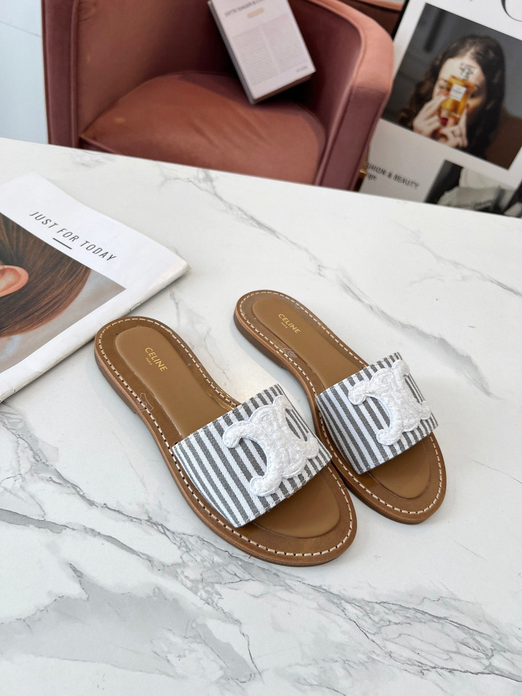 Celine 25C Slippers Gray mix White Fabric with Calfskin 238171