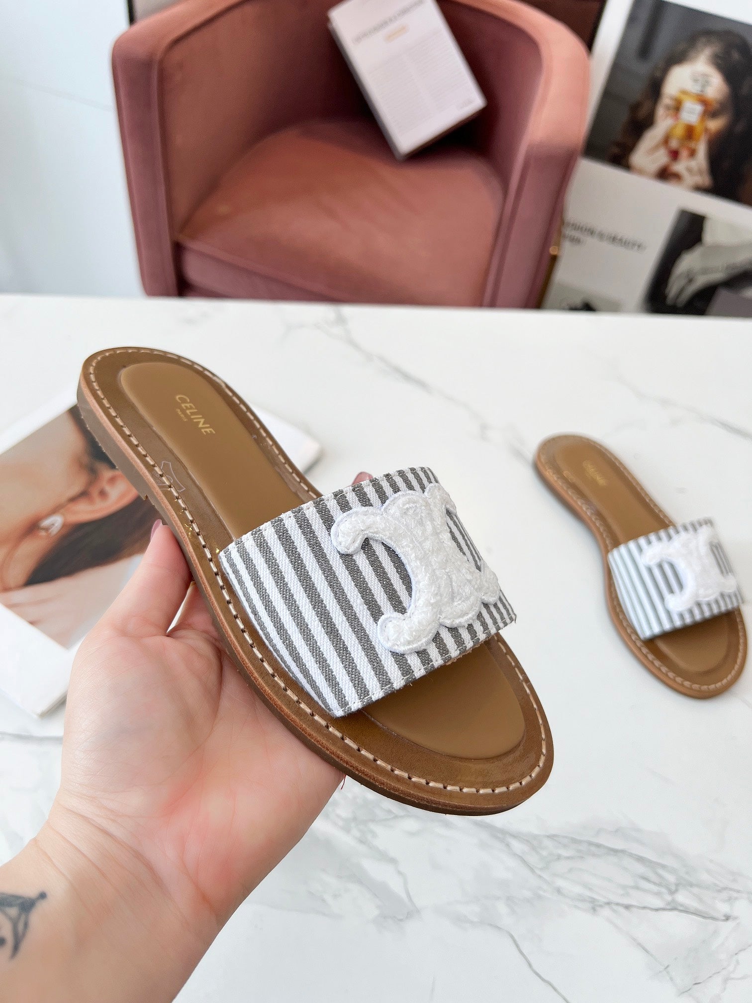 Celine 25C Slippers Gray mix White Fabric with Calfskin 238171