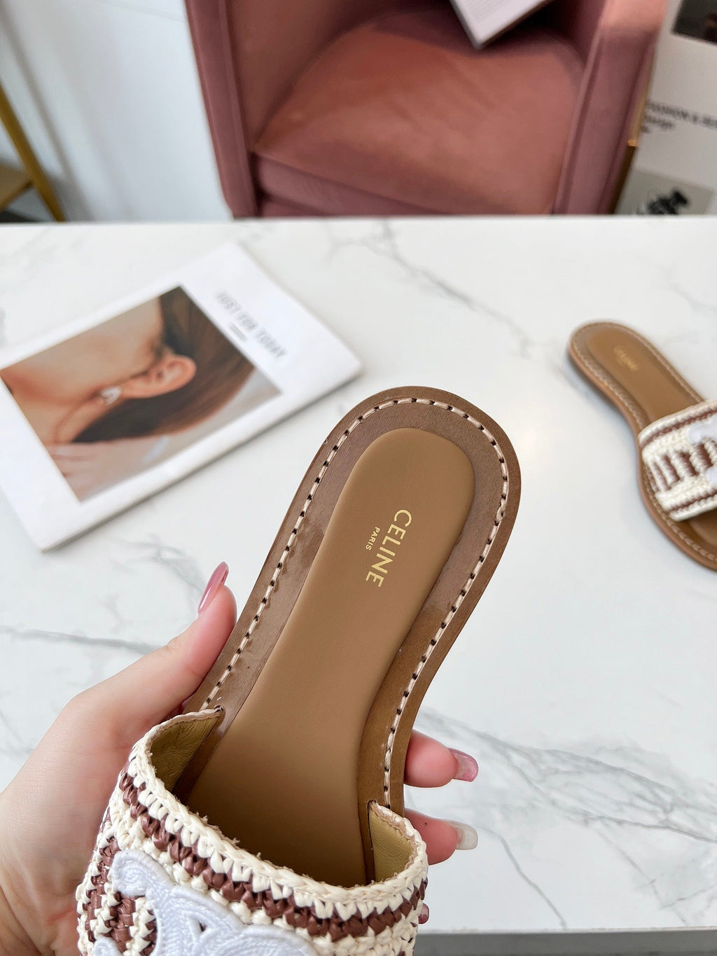 Celine 25C Slippers Beige mix Brown Fabric with Calfskin 238160