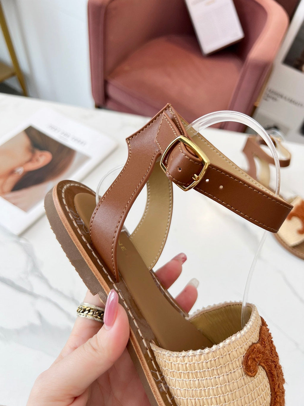 Celine 25C Lympia Sandal Beige mix Brown Fabric with Calfskin 238162
