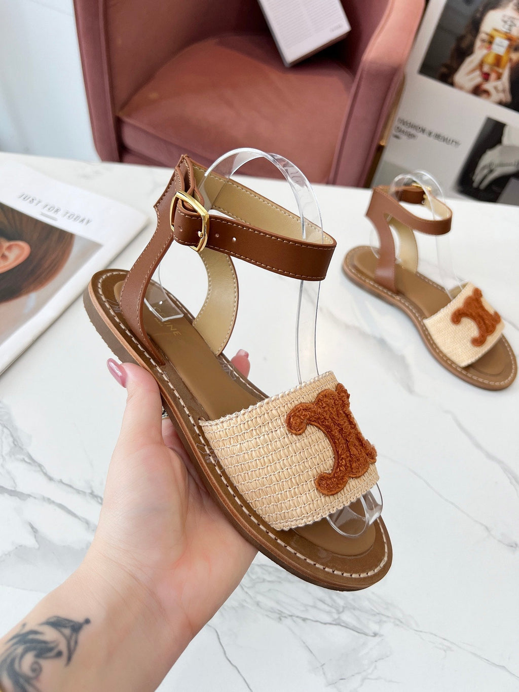 Celine 25C Lympia Sandal Beige mix Brown Fabric with Calfskin 238162