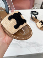 Celine 25C Lympia Sandal Beige mix Black Fabric with Calfskin 238163