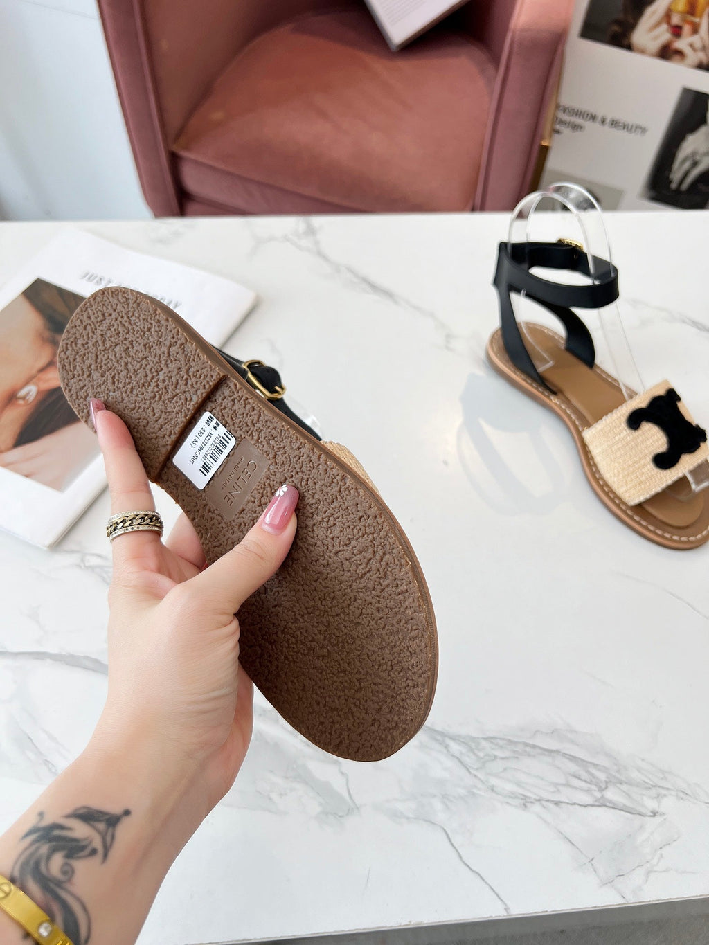 Celine 25C Lympia Sandal Beige mix Black Fabric with Calfskin 238163
