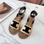 Celine 25C Lympia Sandal Beige mix Black Fabric with Calfskin 238163