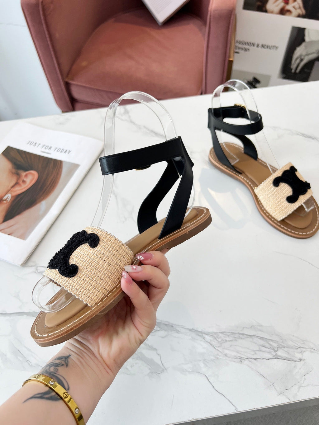 Celine 25C Lympia Sandal Beige mix Black Fabric with Calfskin 238163
