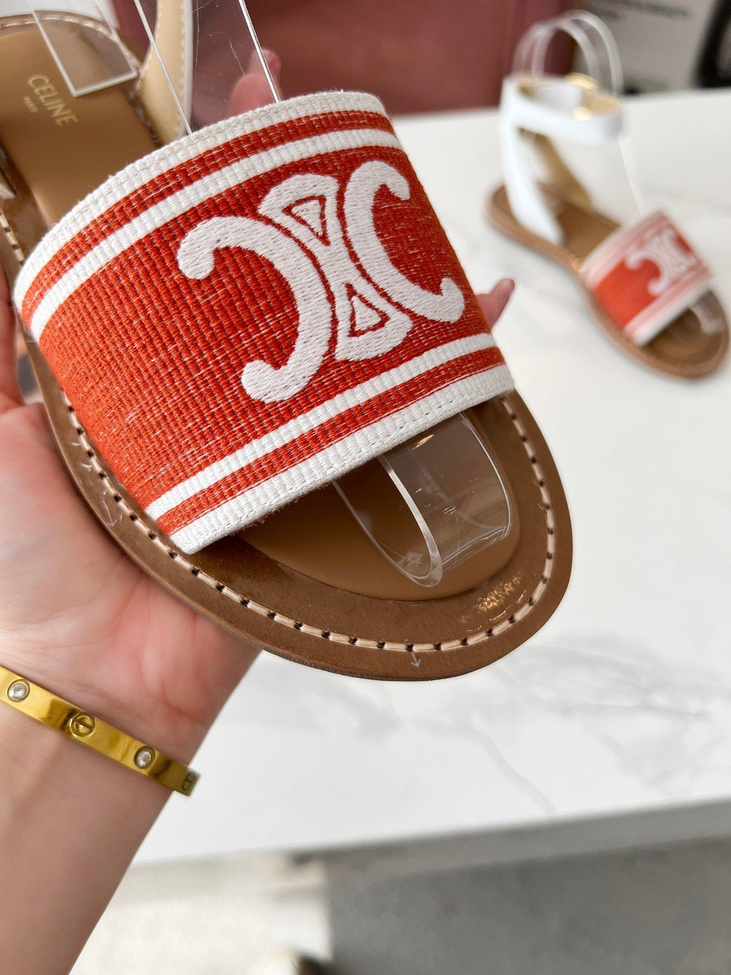 Celine 25C Lympia Sandal Red mix White Canvas with Calfskin 238173