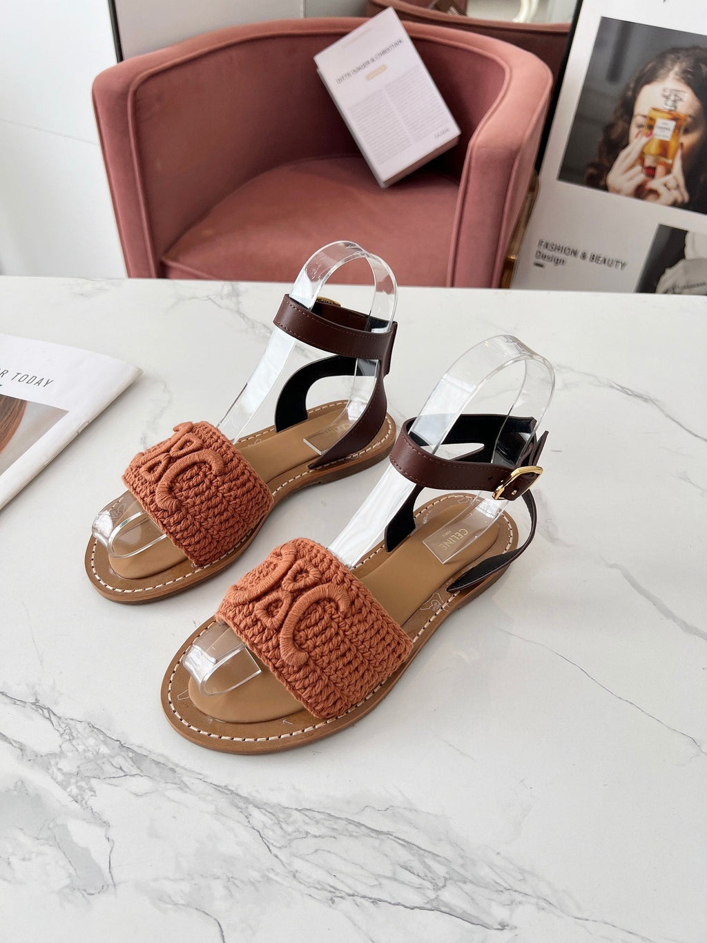 Celine 25C Lympia Sandal Melon Orange Fabric with Calfskin 238174