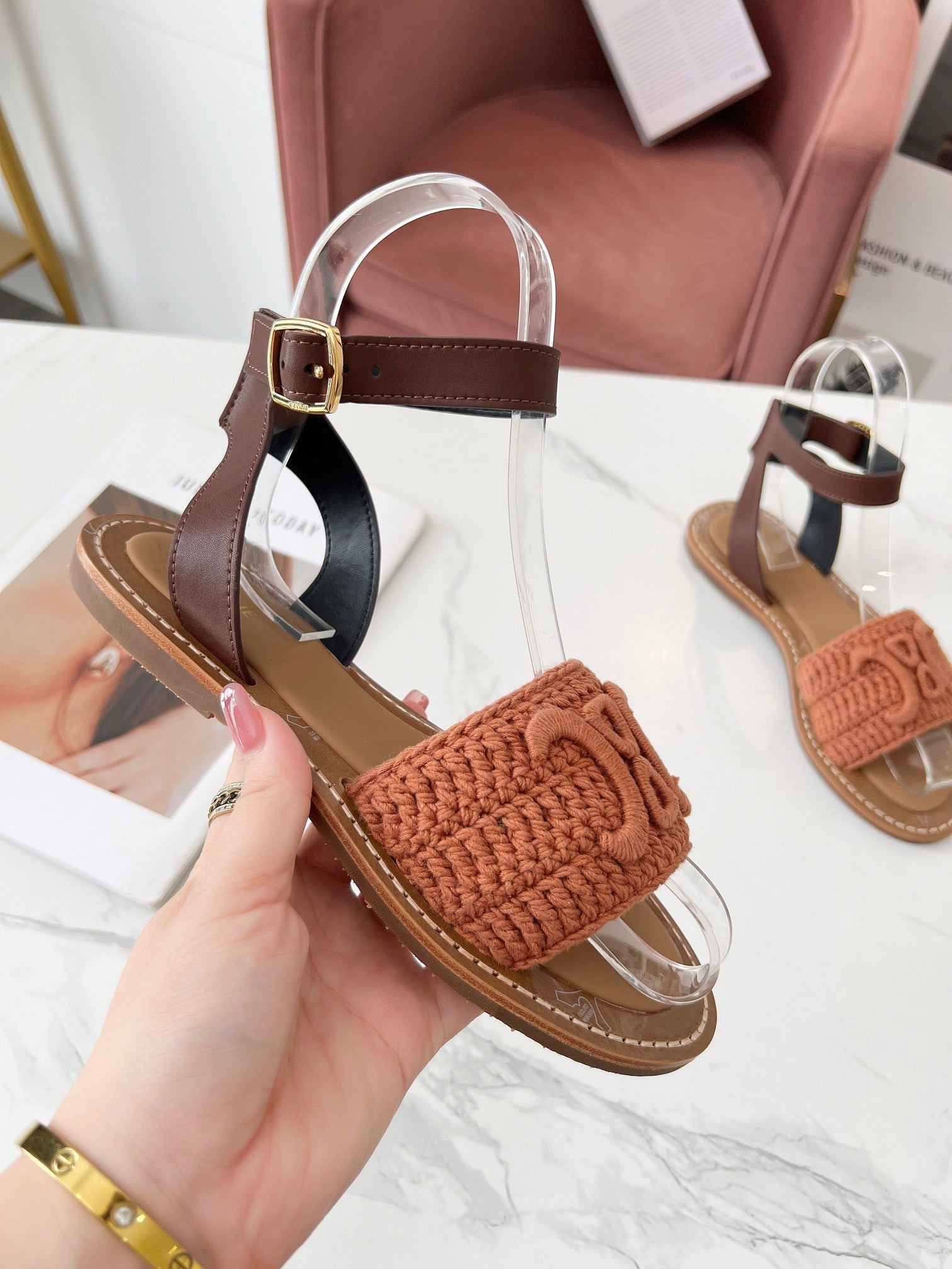 Celine 25C Lympia Sandal Melon Orange Fabric with Calfskin 238174