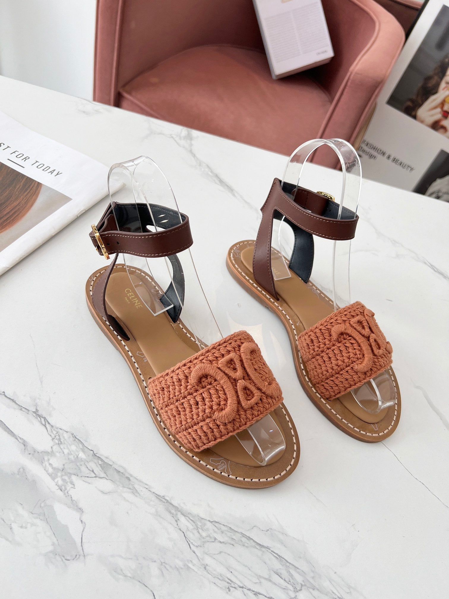 Celine 25C Lympia Sandal Melon Orange Fabric with Calfskin 238174