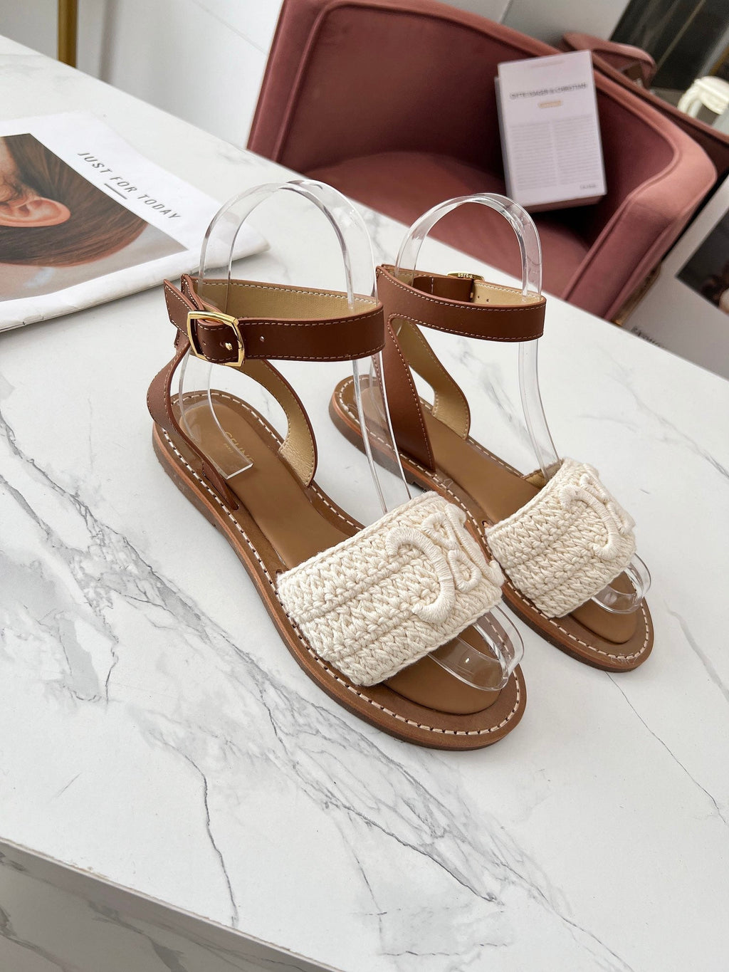 Celine 25C Lympia Sandal White Fabric with Calfskin 238175