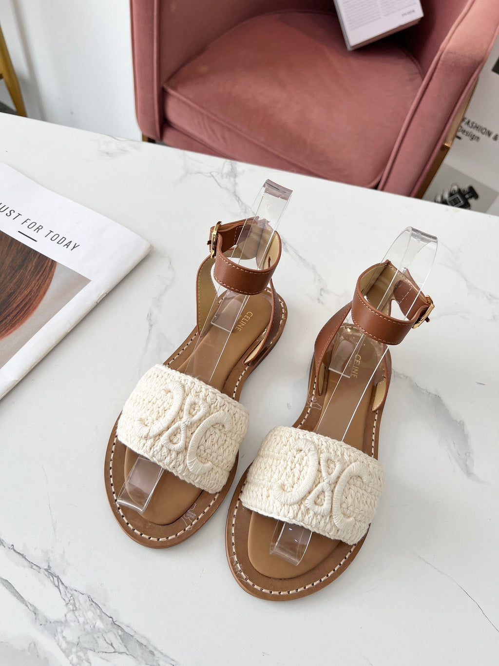 Celine 25C Lympia Sandal White Fabric with Calfskin 238175