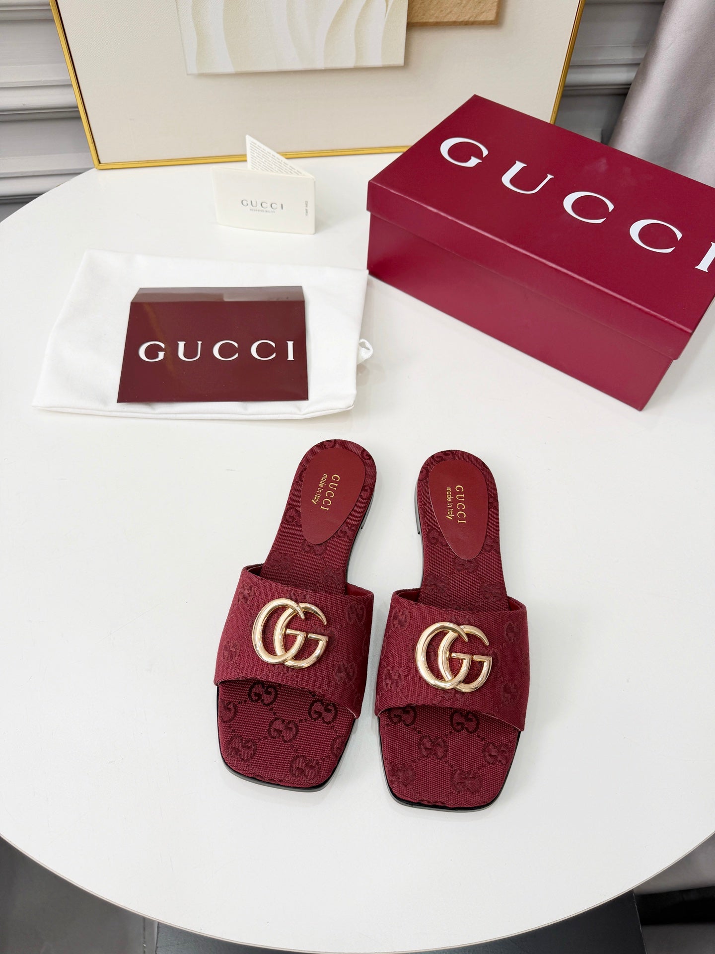 GG 2026 Early Spring Mule Burgundy Canvas Sheepskin 688516
