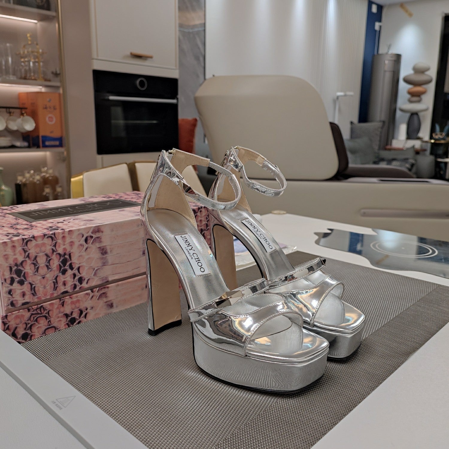 Jimmy 25 Platform Sandal Heels Silver   TPU Material 240008