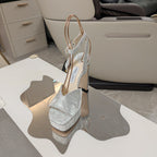 Jimmy 25 Platform Sandal Heels Silver Satin Fabric 240016