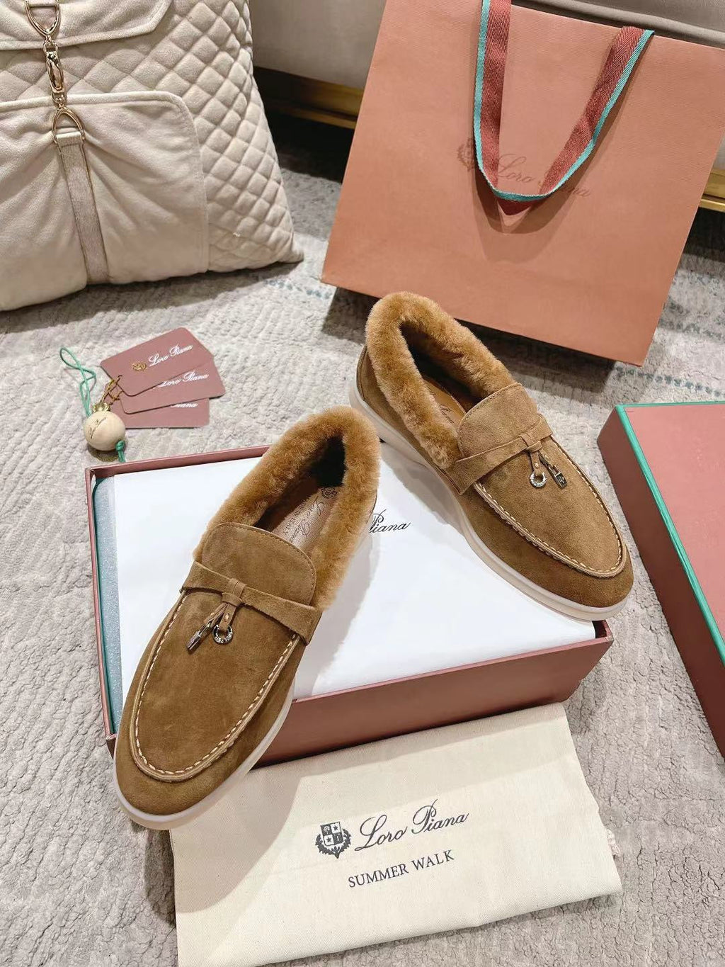 LP Summer Charms Walk Loafers Marigold Brown Suede With Rabbit Fur Lining 206258