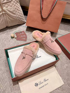 LP Charms Walk Babouche Loafer Pink Pastel Suede With Rabbit Fur Lining 206225