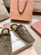 LP Charms Walk Babouche Loafer Army Green Suede With Rabbit Fur Lining 206233