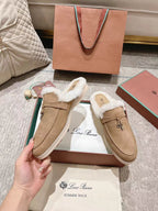 LP Charms Walk Babouche Loafer Peach Yellow Suede With Rabbit Fur Lining 206244