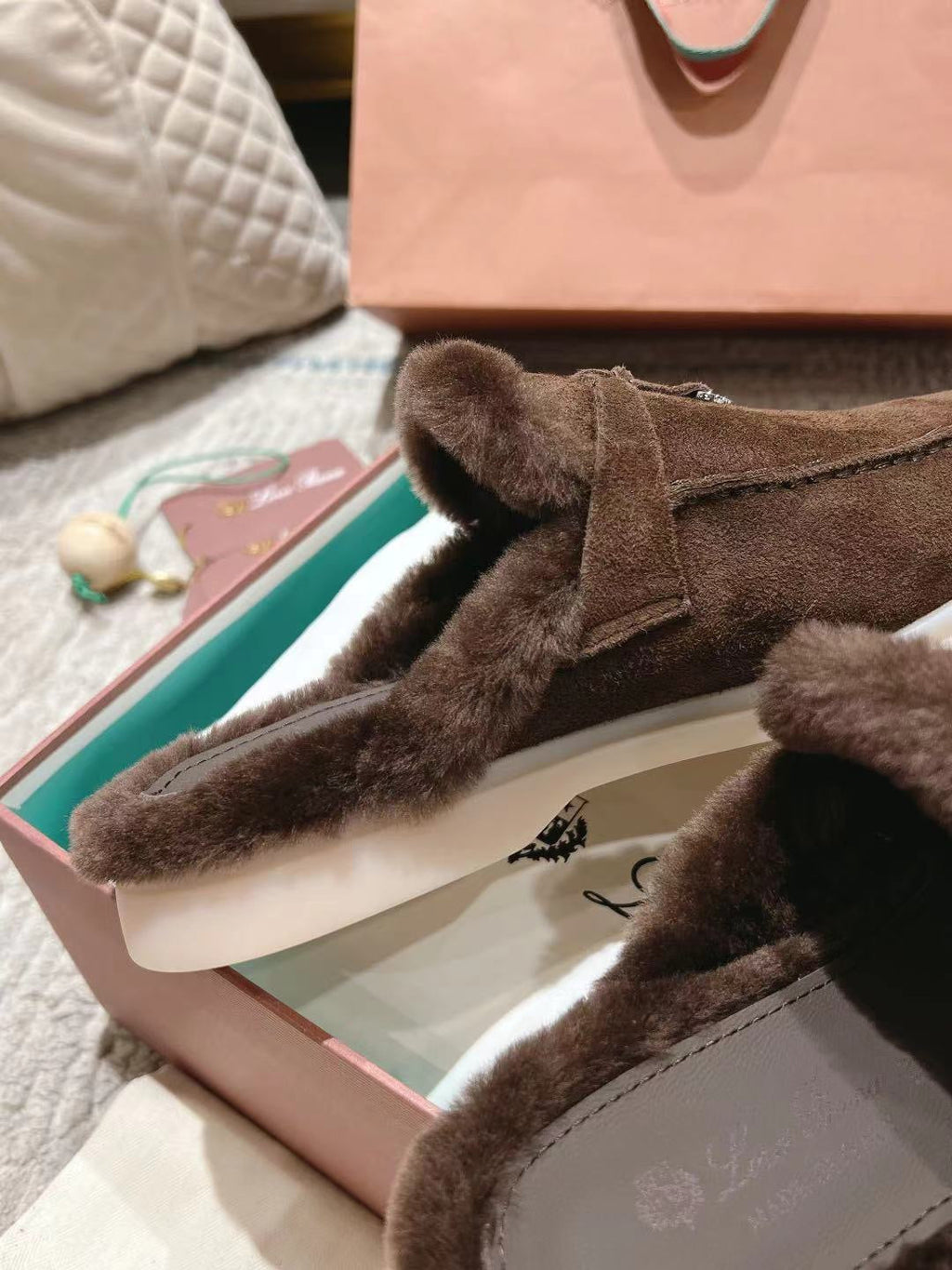 LP Charms Walk Babouche Loafer Bottele Brown Suede With Rabbit Fur Lining 206245