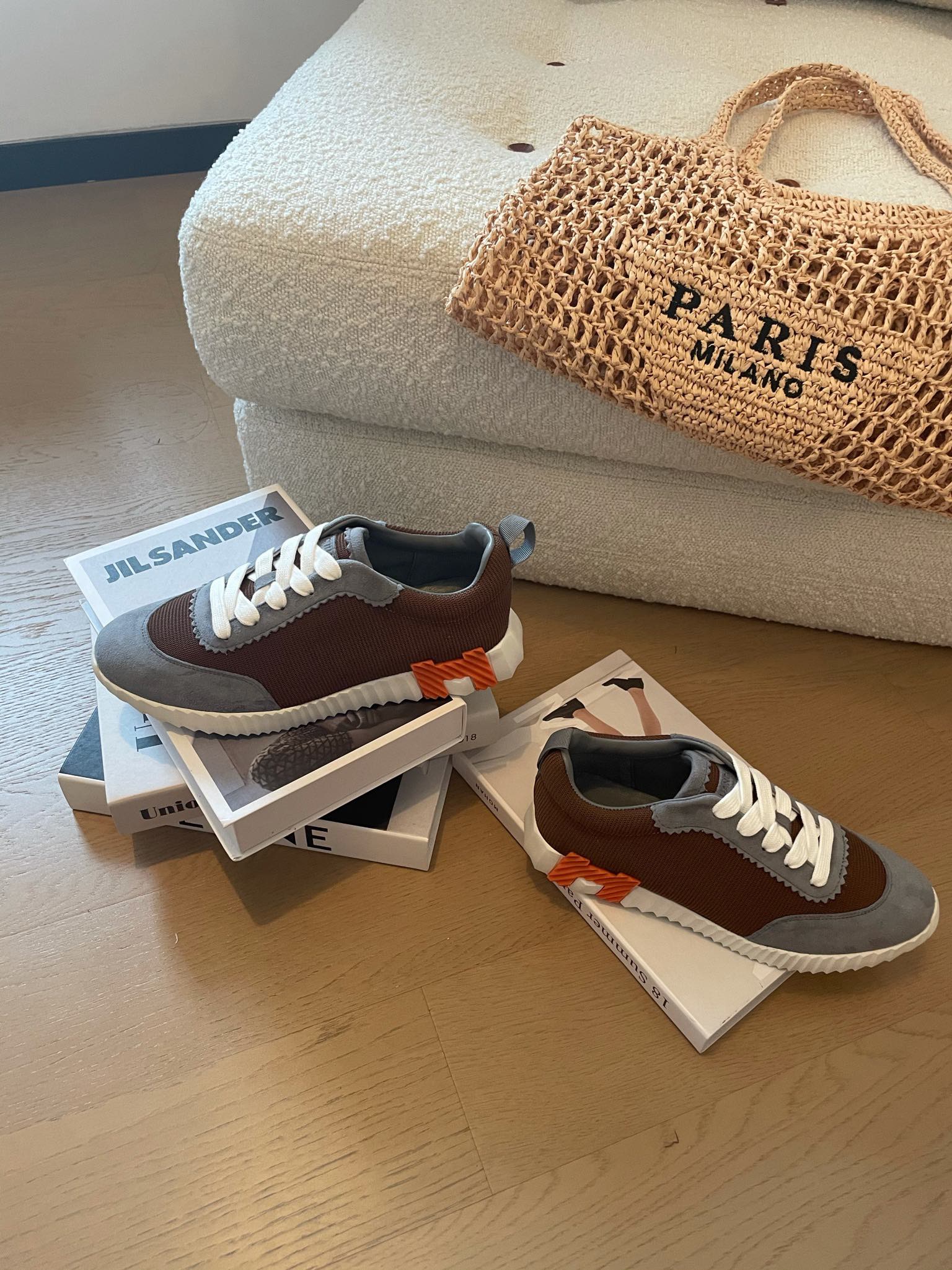 HM Bouncing 35 Sneakers Chocolate Canvas Grey Suede Goatskin H Orange