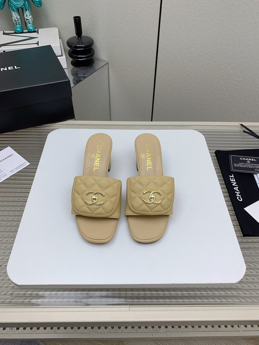 CC Mule Sandals 50mm In Beige Quilted Lambskin 148946