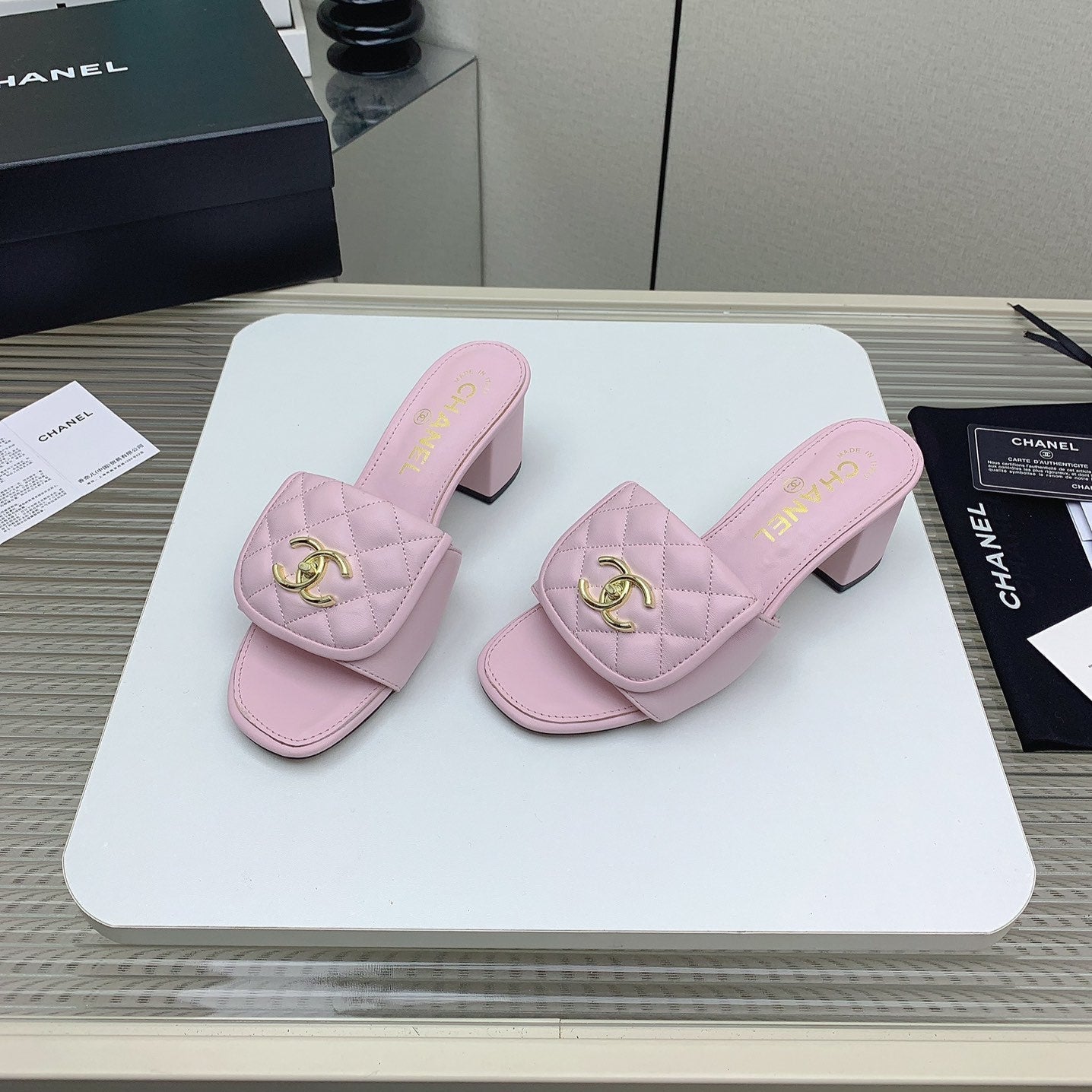 CC Mule Sandals 50mm In Light Pink Quilted Lambskin 148948